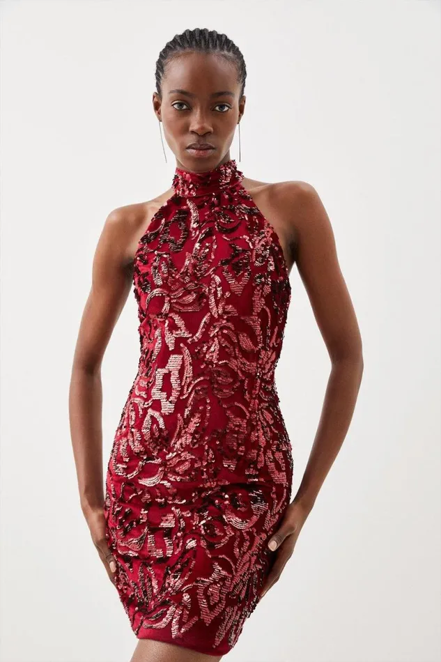 Velvet Sequinned Halter Woven Mini Dress Red Women Karen Millen Dresses