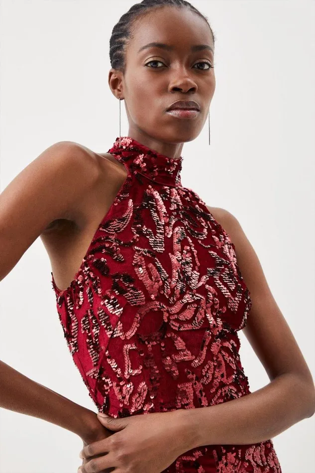 Velvet Sequinned Halter Woven Mini Dress Red Women Karen Millen Dresses