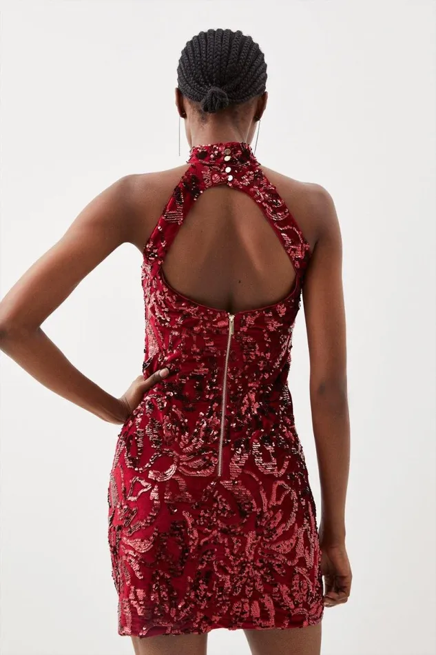 Velvet Sequinned Halter Woven Mini Dress Red Women Karen Millen Dresses