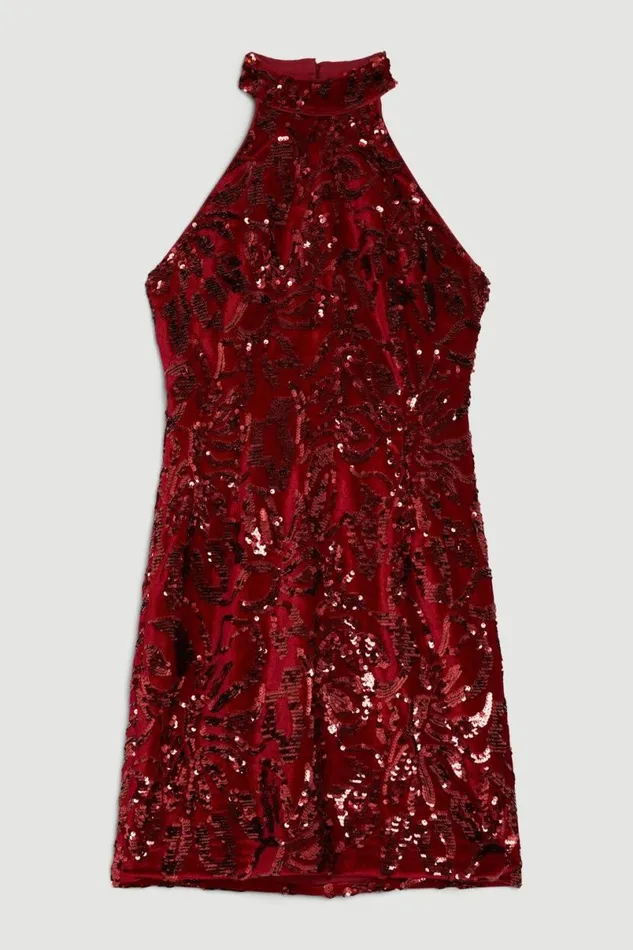 Velvet Sequinned Halter Woven Mini Dress Red Women Karen Millen Dresses