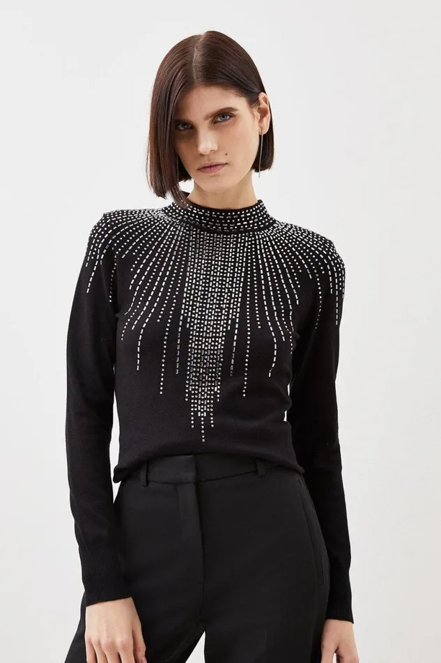Viscose Blend Embellished Funnel Neck Knit Jumper Black Women Karen Millen Knitwear
