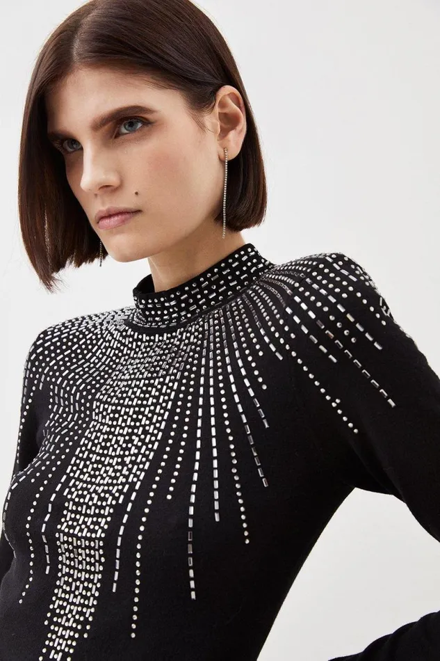 Viscose Blend Embellished Funnel Neck Knit Jumper Black Women Karen Millen Knitwear