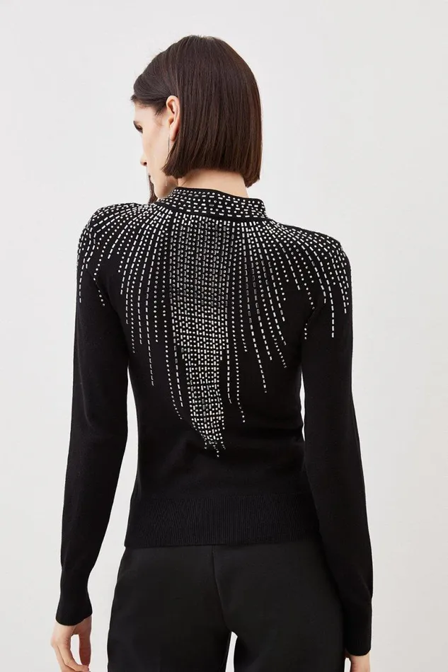 Viscose Blend Embellished Funnel Neck Knit Jumper Black Women Karen Millen Knitwear