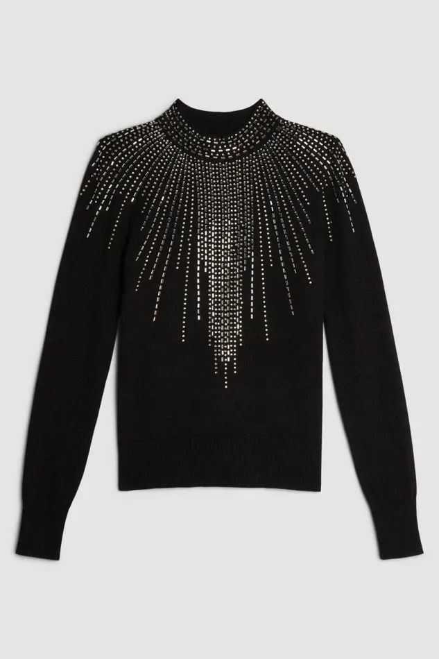 Viscose Blend Embellished Funnel Neck Knit Jumper Black Women Karen Millen Knitwear