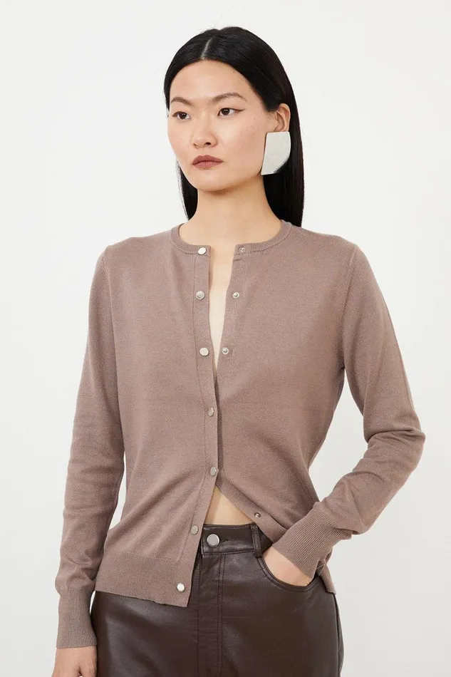 Viscose Blend Knitted Crew Neck Cardigan Mink Women Karen Millen Knitwear