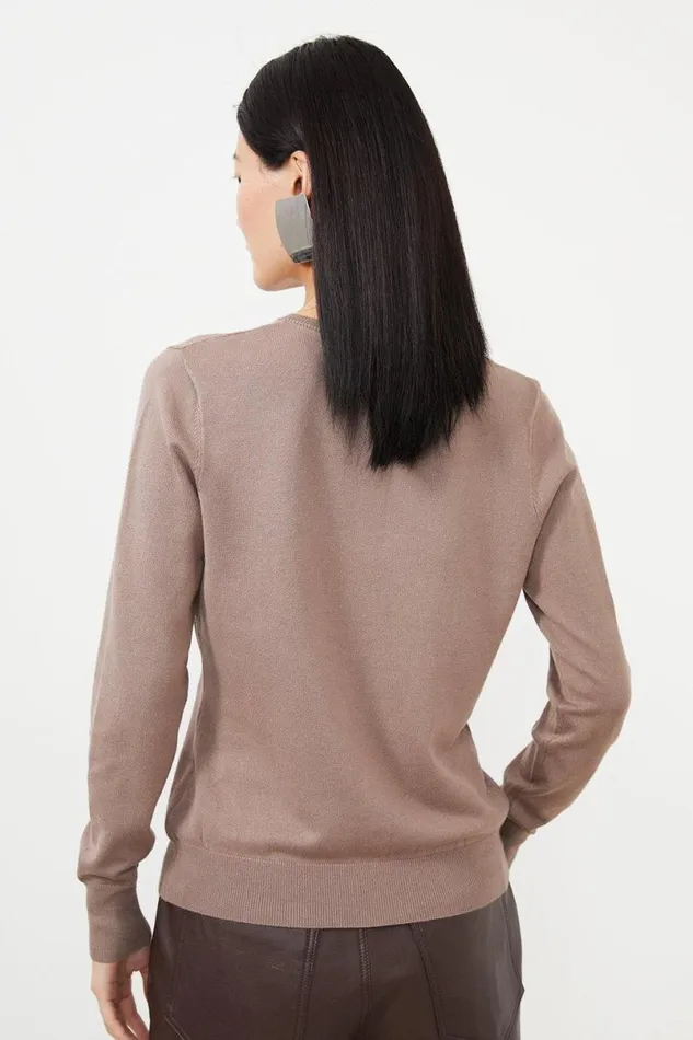 Viscose Blend Knitted Crew Neck Cardigan Mink Women Karen Millen Knitwear