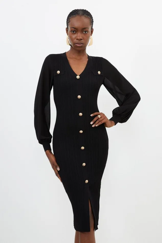 Viscose Blend Rib Knit Chiffon Sleeve Midi Dress Black Women Karen Millen Dresses