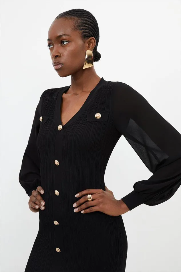 Viscose Blend Rib Knit Chiffon Sleeve Midi Dress Black Women Karen Millen Dresses