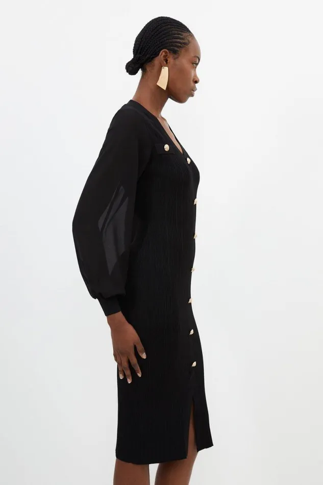 Viscose Blend Rib Knit Chiffon Sleeve Midi Dress Black Women Karen Millen Dresses