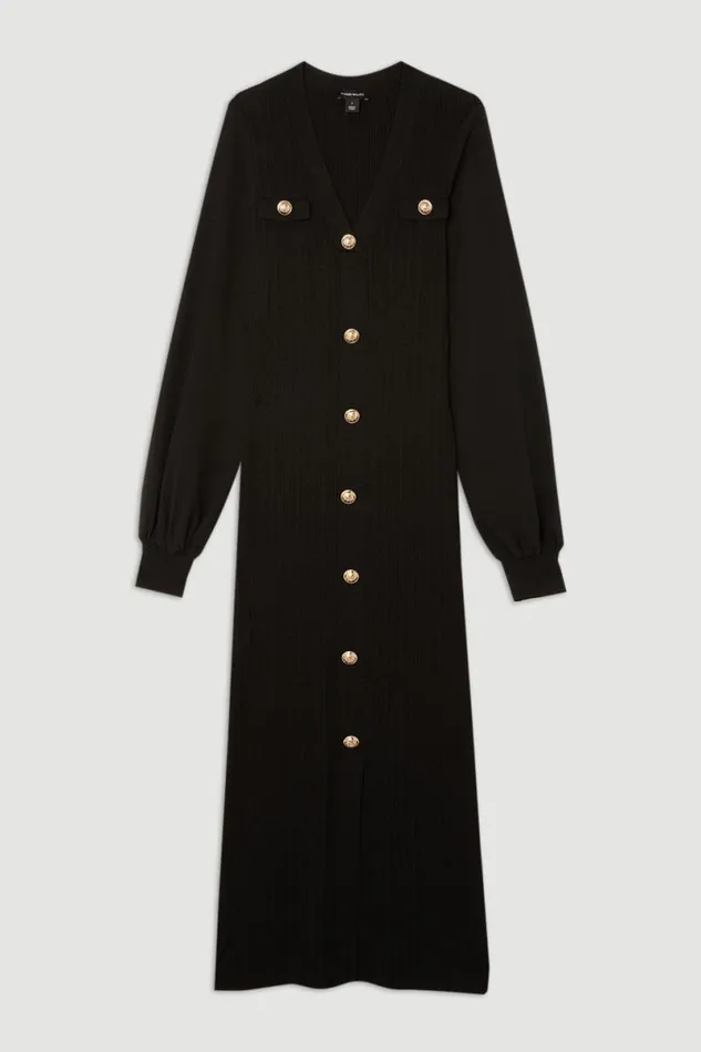 Viscose Blend Rib Knit Chiffon Sleeve Midi Dress Black Women Karen Millen Dresses