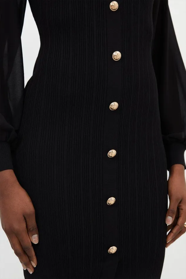 Viscose Blend Rib Knit Chiffon Sleeve Midi Dress Black Women Karen Millen Dresses