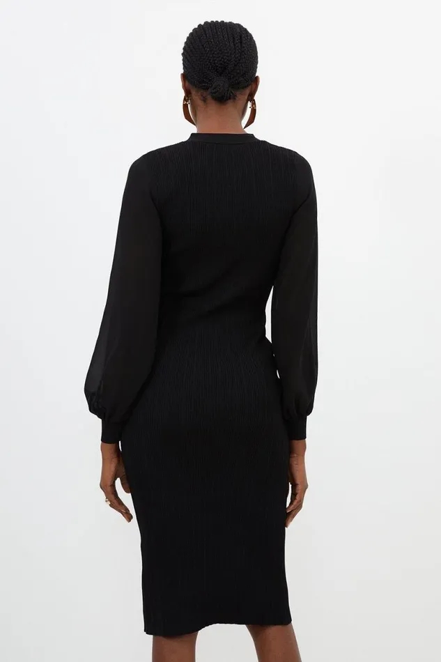 Viscose Blend Rib Knit Chiffon Sleeve Midi Dress Black Women Karen Millen Dresses