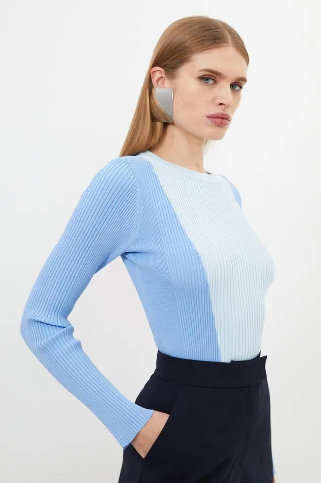 Viscose Blend Rib Knit Colour Block Top Blue Women Karen Millen Tops