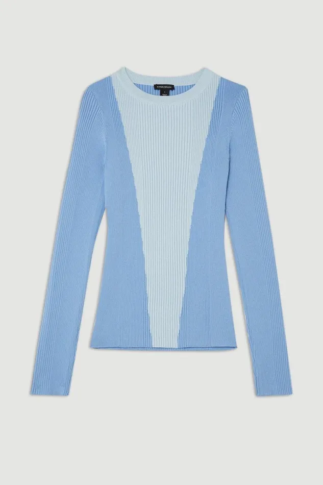 Viscose Blend Rib Knit Colour Block Top Blue Women Karen Millen Tops