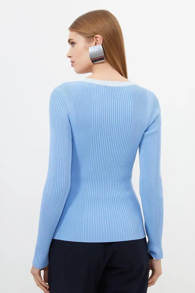 Viscose Blend Rib Knit Colour Block Top Blue Women Karen Millen Tops