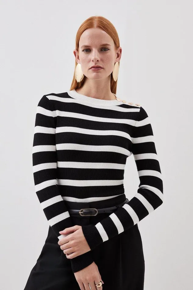Viscose Blend Rib Knit Military Trim Striped Top Mono Women Karen Millen Tops