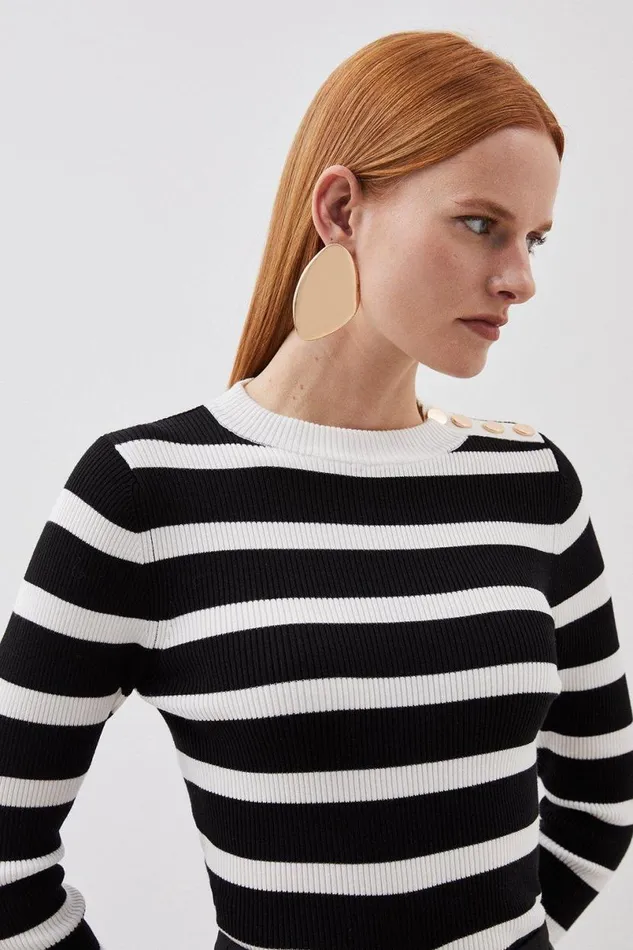 Viscose Blend Rib Knit Military Trim Striped Top Mono Women Karen Millen Tops