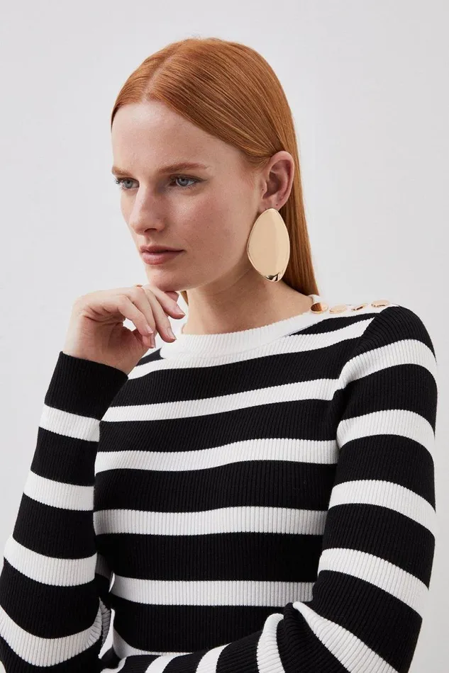 Viscose Blend Rib Knit Military Trim Striped Top Mono Women Karen Millen Tops
