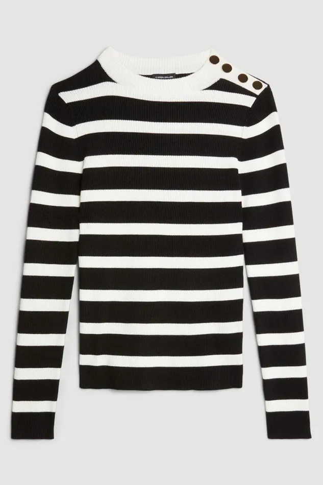 Viscose Blend Rib Knit Military Trim Striped Top Mono Women Karen Millen Tops