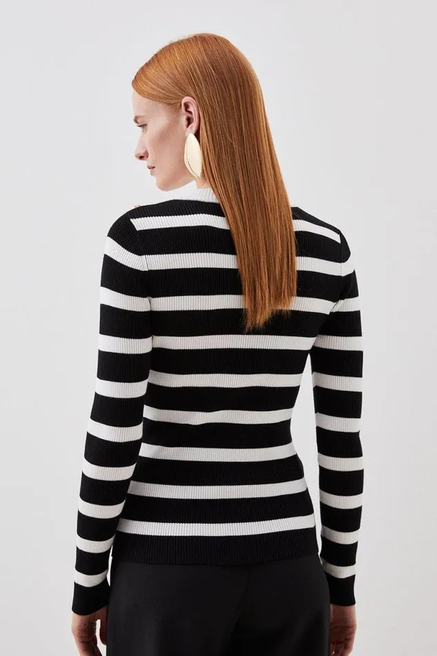 Viscose Blend Rib Knit Military Trim Striped Top Mono Women Karen Millen Tops