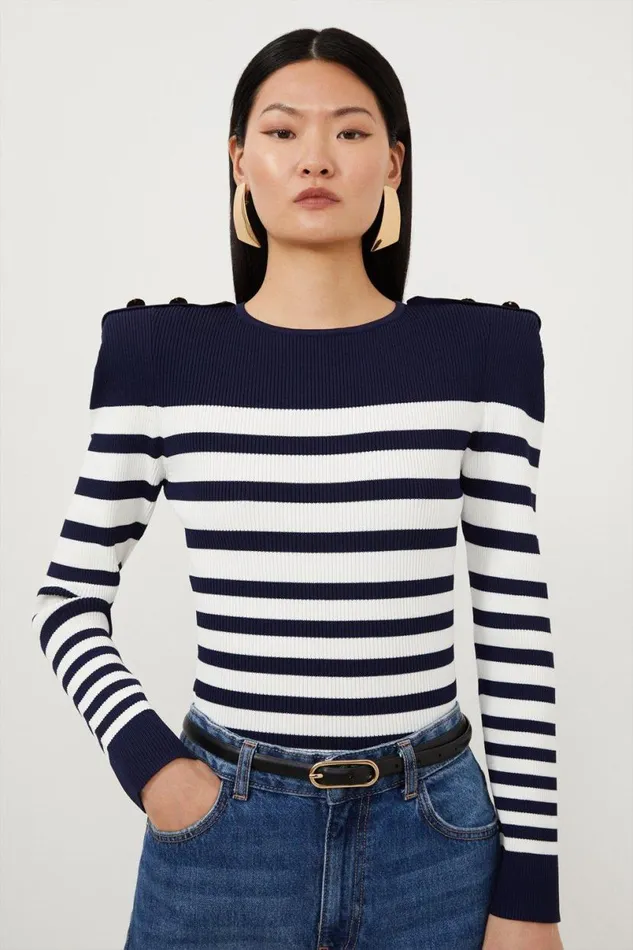 Viscose Blend Rib Knit Power Shoulder Striped Top Stripe Women Karen Millen Tops