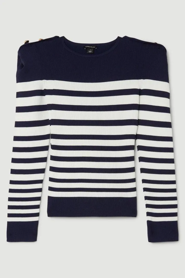 Viscose Blend Rib Knit Power Shoulder Striped Top Stripe Women Karen Millen Tops