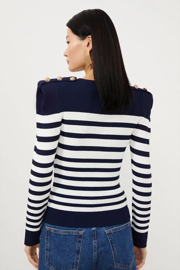 Viscose Blend Rib Knit Power Shoulder Striped Top Stripe Women Karen Millen Tops