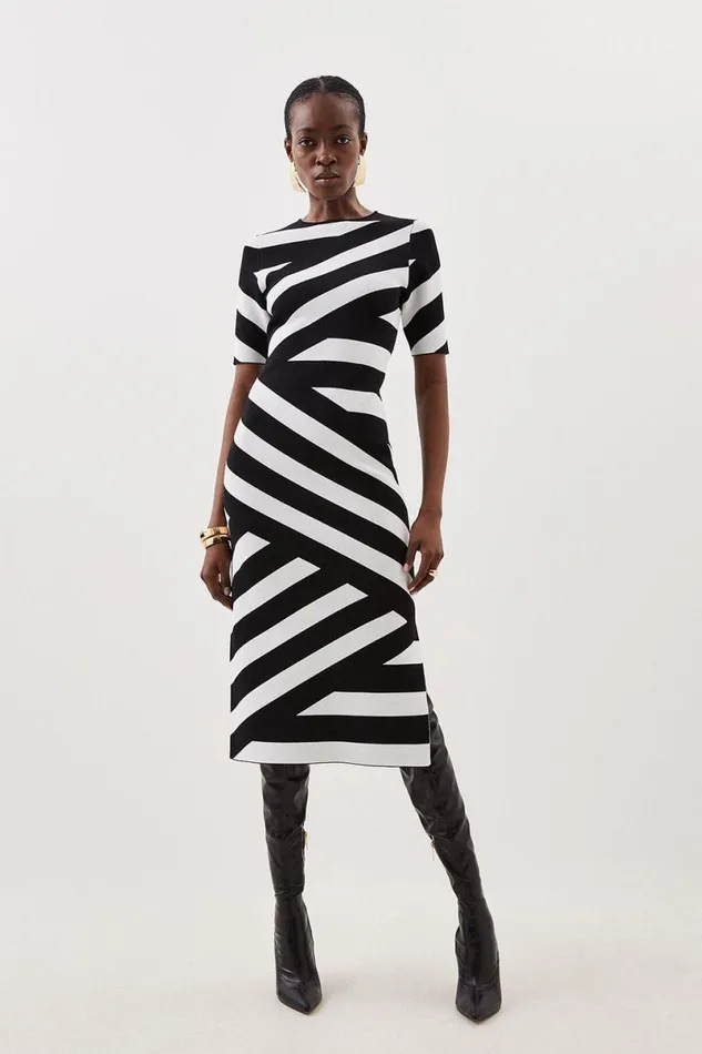 Viscose Blend Rib Striped Knit Midaxi Dress Mono Women Karen Millen Dresses