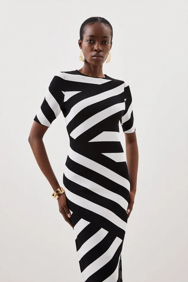Viscose Blend Rib Striped Knit Midaxi Dress Mono Women Karen Millen Dresses