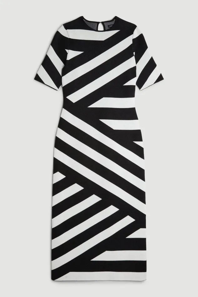 Viscose Blend Rib Striped Knit Midaxi Dress Mono Women Karen Millen Dresses