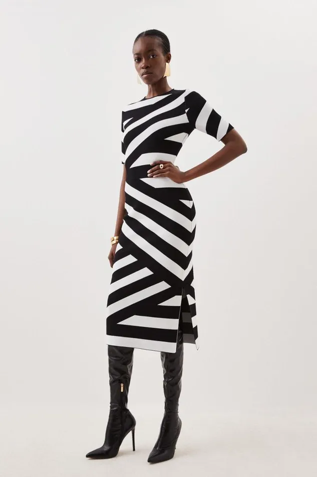 Viscose Blend Rib Striped Knit Midaxi Dress Mono Women Karen Millen Dresses