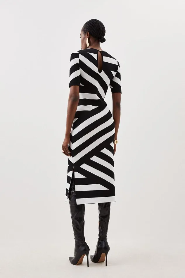 Viscose Blend Rib Striped Knit Midaxi Dress Mono Women Karen Millen Dresses