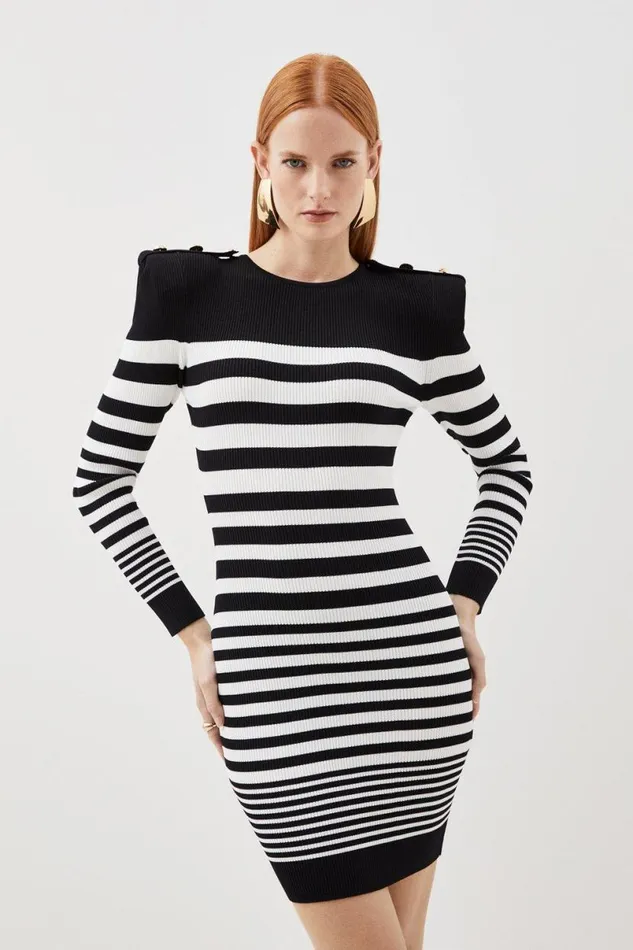 Viscose Blend Rib Striped Military Trim Knit Mini Dress Mono Women Karen Millen Dresses Viscose Blend Rib Striped Military Trim Knit Mini Dress Mono Women Karen Millen Dresses