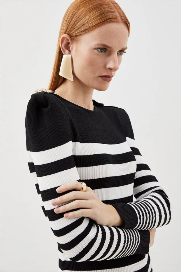 Viscose Blend Rib Striped Military Trim Knit Mini Dress Mono Women Karen Millen Dresses