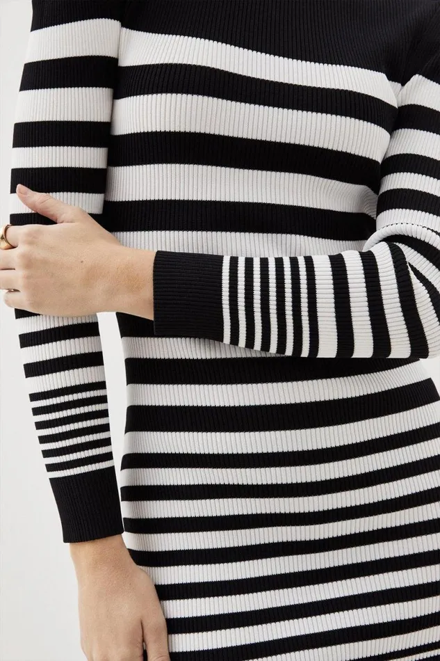 Viscose Blend Rib Striped Military Trim Knit Mini Dress Mono Women Karen Millen Dresses