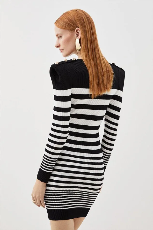 Viscose Blend Rib Striped Military Trim Knit Mini Dress Mono Women Karen Millen Dresses