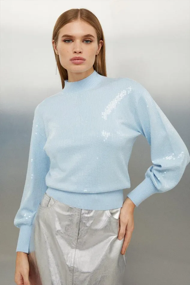 Viscose Blend Sequin Knit Cropped Jumper Pale Blue Women Karen Millen Knitwear