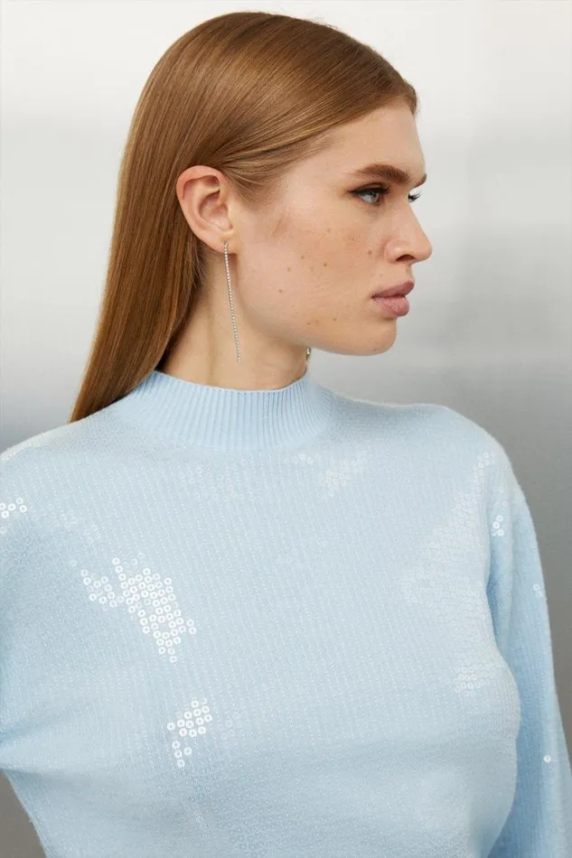 Viscose Blend Sequin Knit Cropped Jumper Pale Blue Women Karen Millen Knitwear