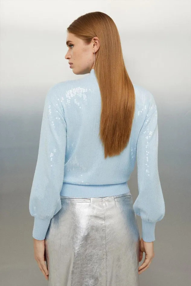 Viscose Blend Sequin Knit Cropped Jumper Pale Blue Women Karen Millen Knitwear