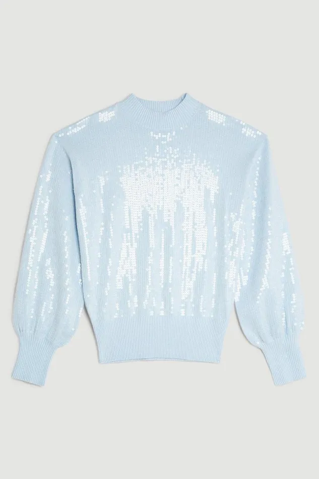 Viscose Blend Sequin Knit Cropped Jumper Pale Blue Women Karen Millen Knitwear