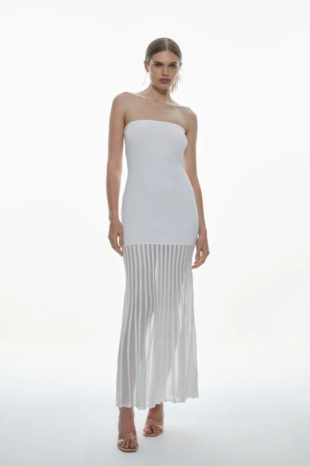 Viscose Blend Sheer Knit Bandeau Pleated Skirt Midaxi Dress Cream Women Karen Millen Dresses Viscose Blend Sheer Knit Bandeau Pleated Skirt Midaxi Dress Cream Women Karen Millen Dresses