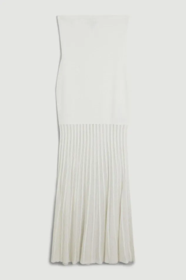 Viscose Blend Sheer Knit Bandeau Pleated Skirt Midaxi Dress Cream Women Karen Millen Dresses