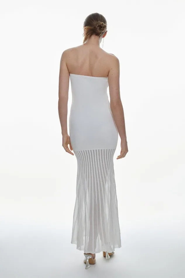 Viscose Blend Sheer Knit Bandeau Pleated Skirt Midaxi Dress Cream Women Karen Millen Dresses