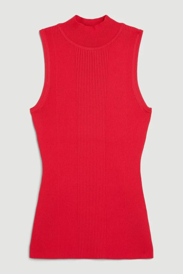Viscose Blend Sleeveless Rib Knit Funnel Neck Top Red Women Karen Millen Tops