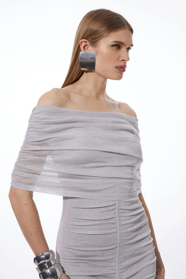 Viscose Blend Slinky Sheer Knit Bardot Maxi Dress Grey Women Karen Millen Dresses