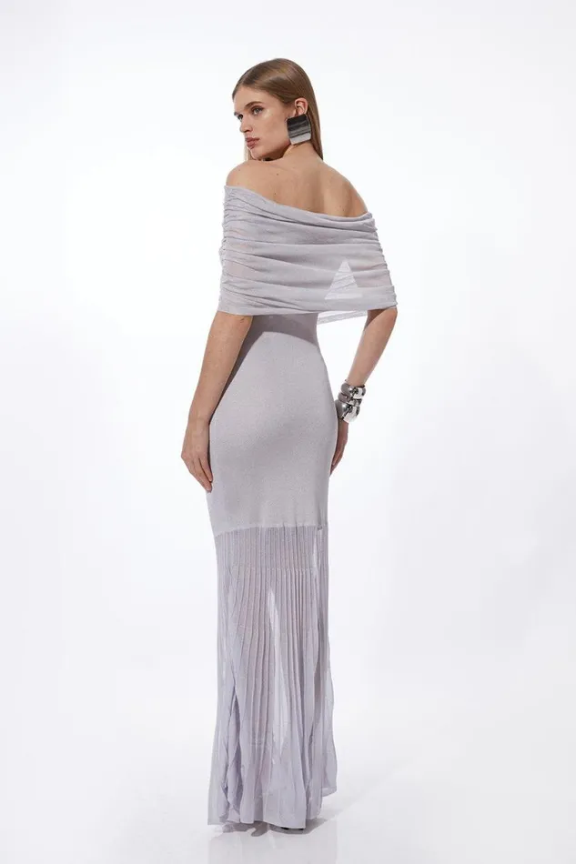 Viscose Blend Slinky Sheer Knit Bardot Maxi Dress Grey Women Karen Millen Dresses