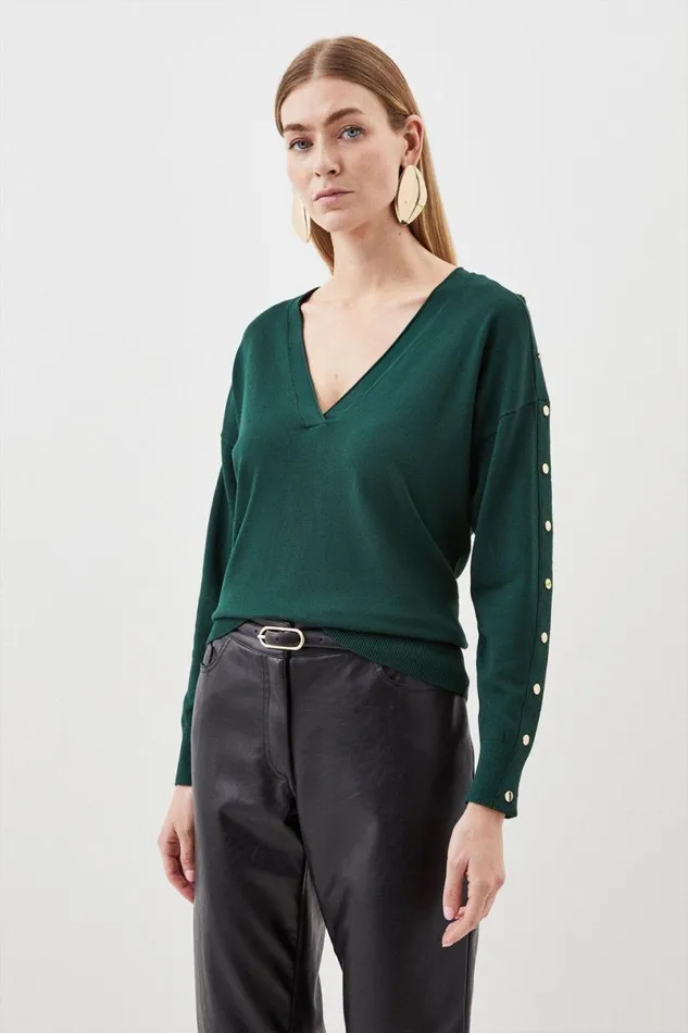 Viscose Blend V Neck Knit Jumper Forest Women Karen Millen Knitwear