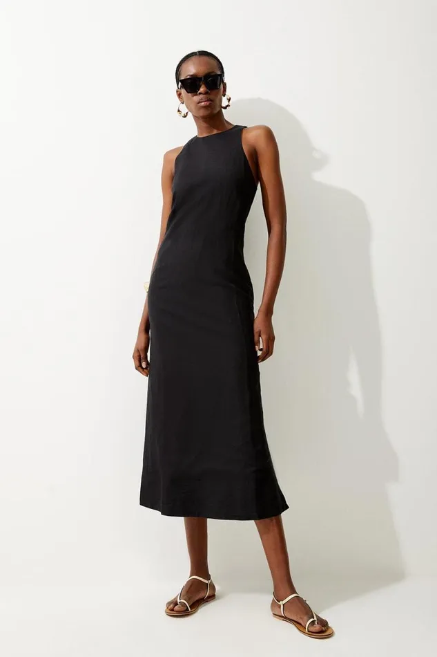 Viscose Linen Halter Woven Column Midi Dress Women Karen Millen Dresses