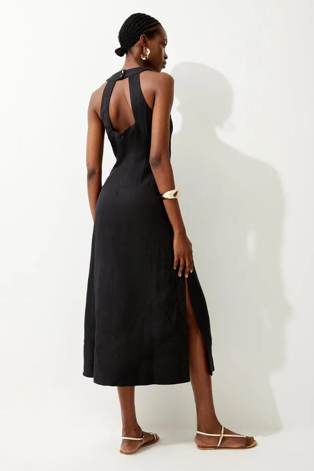 Viscose Linen Halter Woven Column Midi Dress Women Karen Millen Dresses
