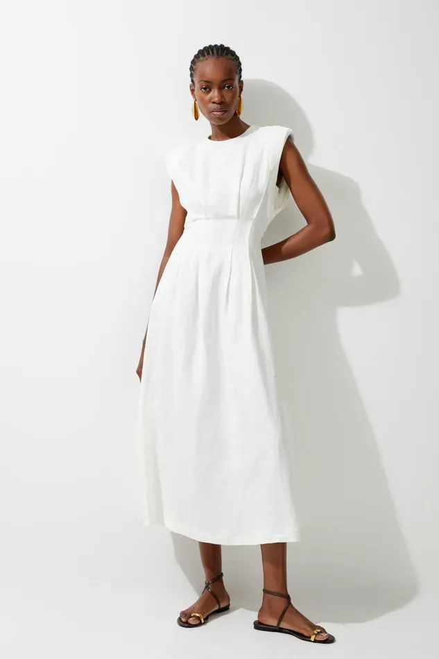 Viscose Linen Woven Pintuck Midi Dress White Women Karen Millen Dresses